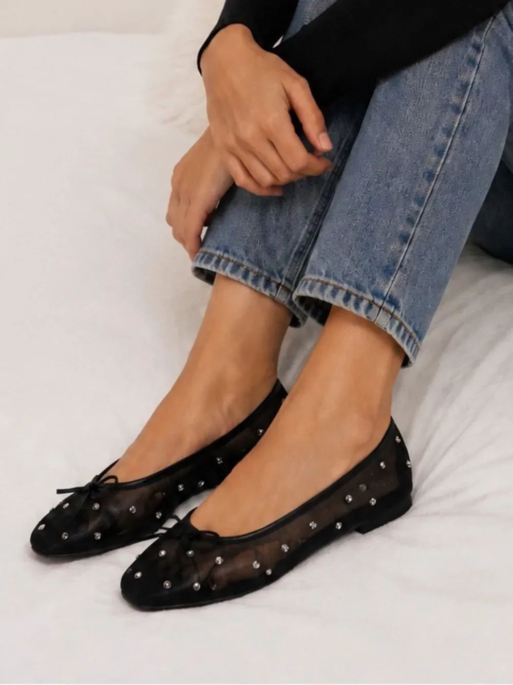 SO Black Sheer Jeweled Ballet Flats